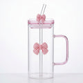 Clear Bow Glass With Lid And Straw ( Pink )