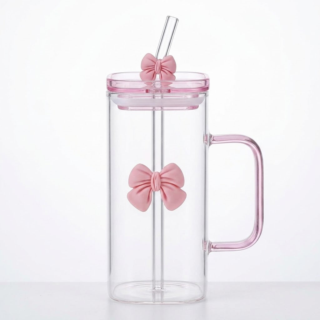 Clear Bow Glass With Lid And Straw ( Pink )
