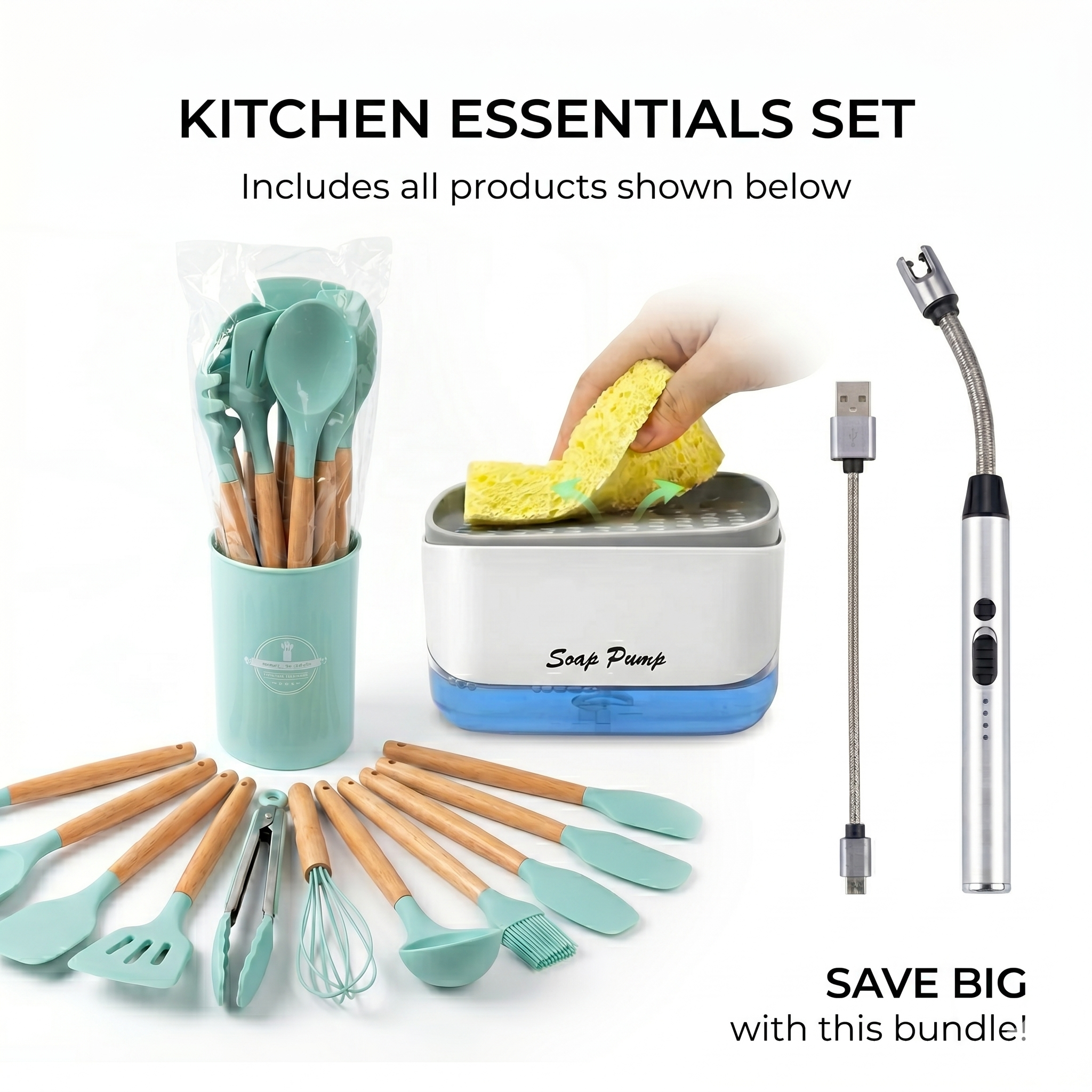 Kitchen Essentials Set : Utensil kit + Electric Lighter + Soap Dispenser
