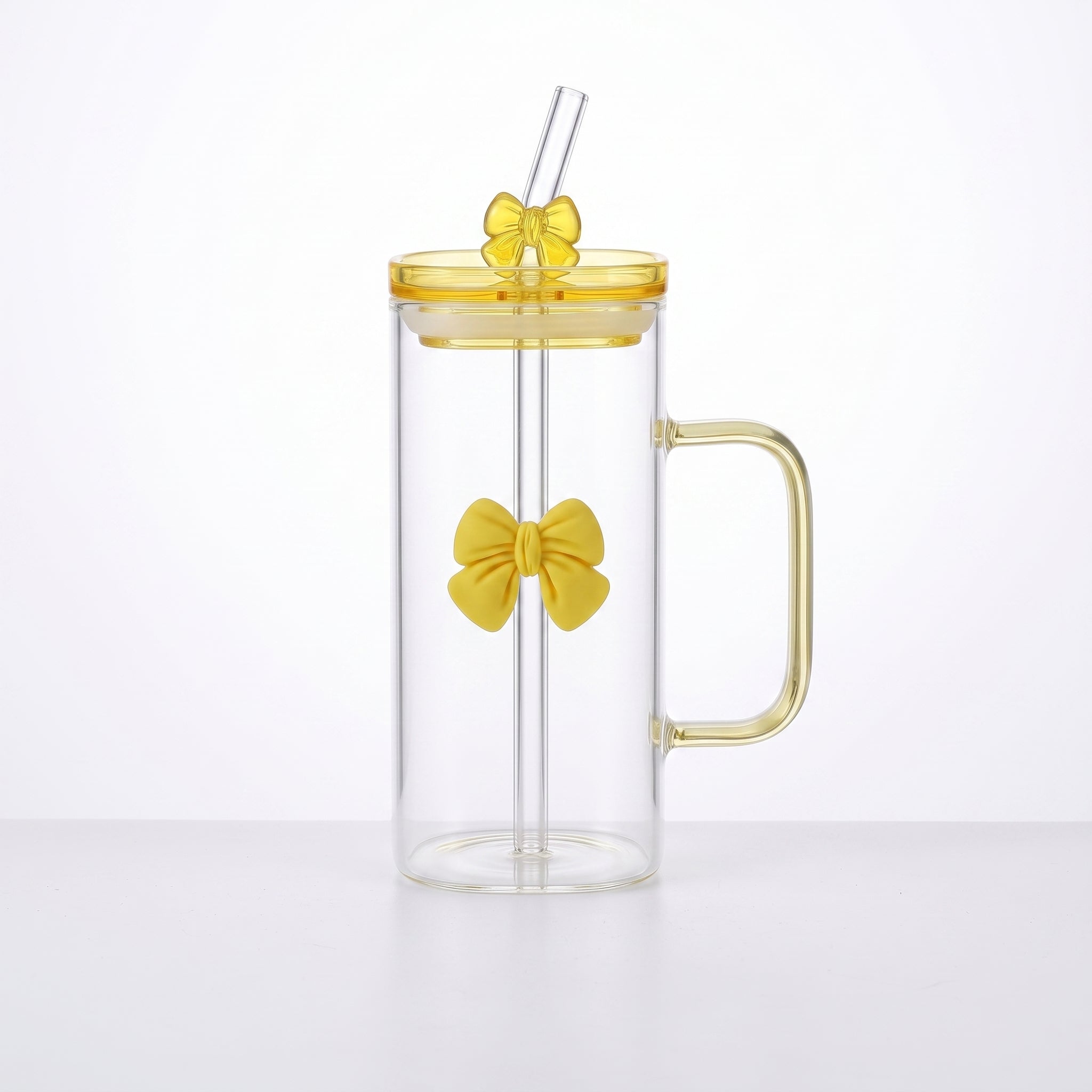 Clear Bow Glass with Lid & Straw ( Yellow)